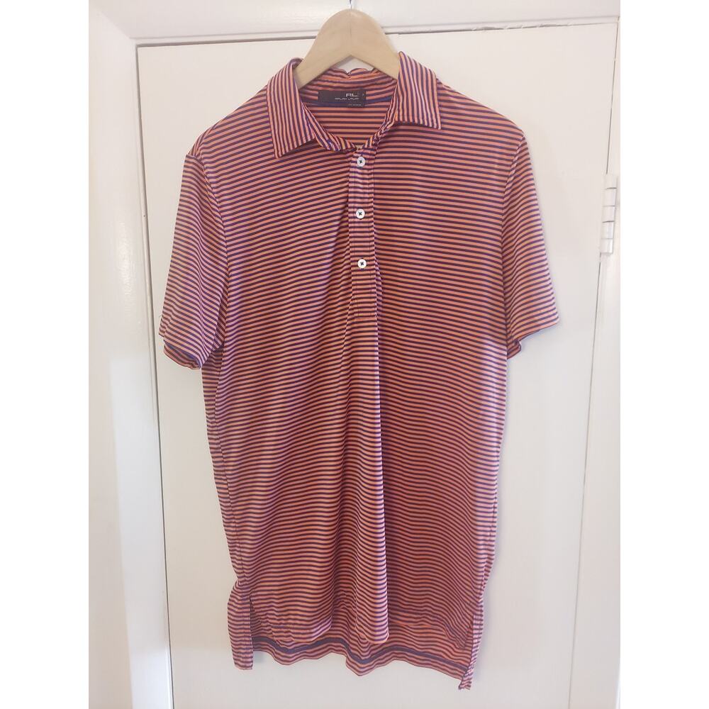 RLX Ralph Lauren Polo Shirt Mens Sz Medium Blue Coral Striped Golf Strech